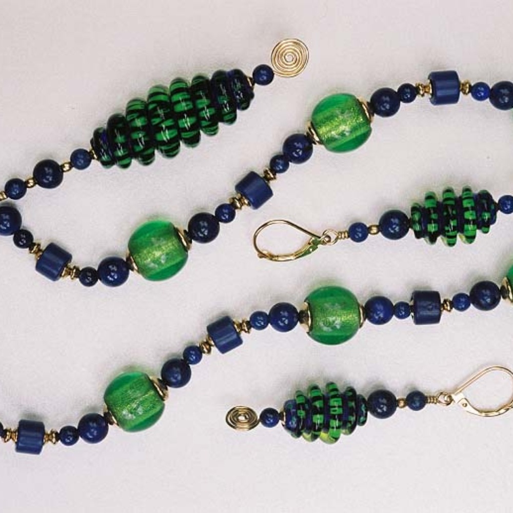Blue/Green Striped Spiral Lampworked Glass Set